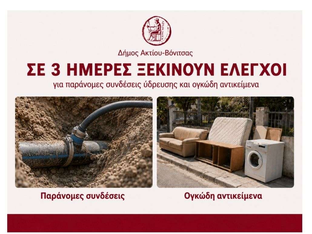 Δήμος Ακτίου Βόνιτσας: Ανακοίνωση για ελέγχους σε παράνομες συνδέσεις ύδρευσης και ανεξέλεγκτη απόθεση ογκωδών αντικειμένων