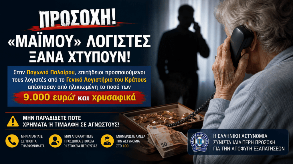 Πογωνιά Παλαίρου: «Μαϊμού» λογιστές εξαπάτησαν ηλικιωμένη – Της απέσπασαν 9.000 ευρώ και χρυσαφικά